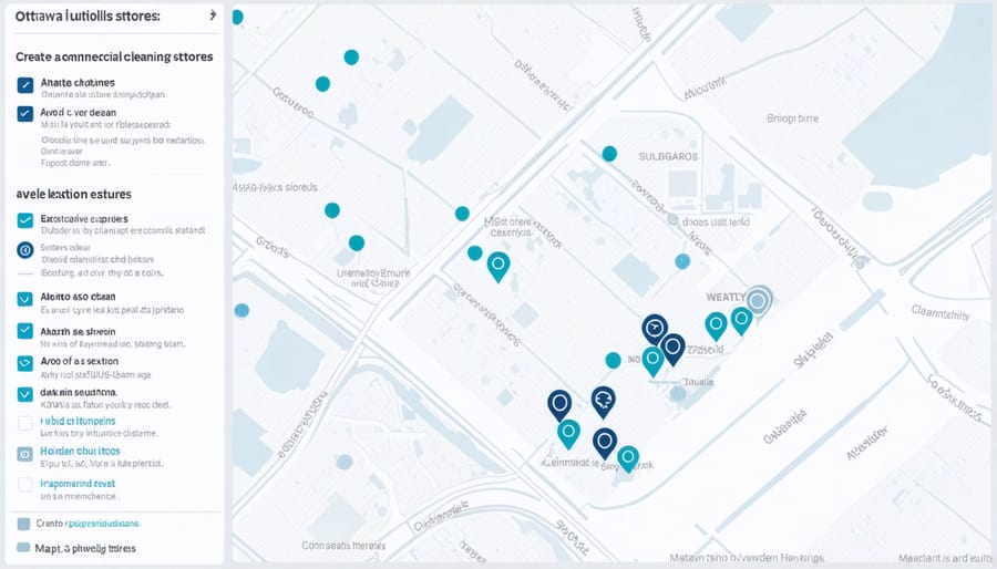 Interactive map of Ottawa showing locations of commercial cleaning supply retailers