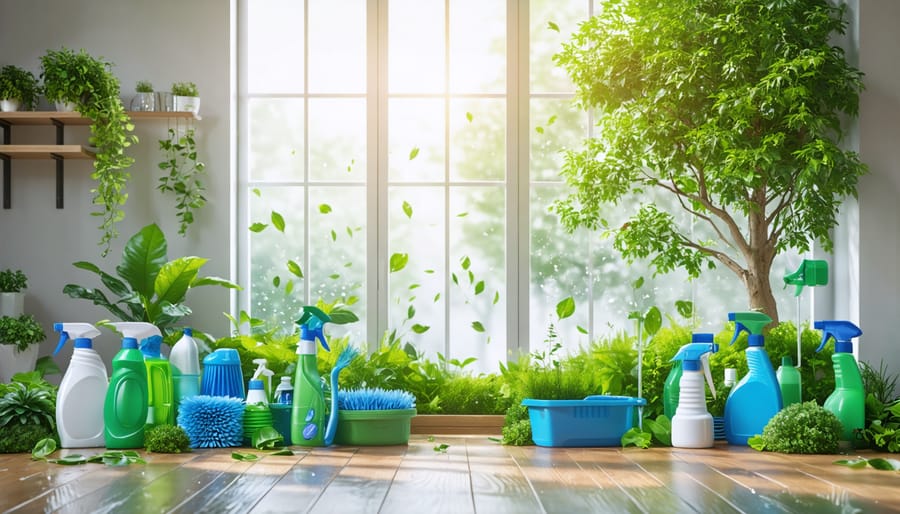 A professional-grade cleaning supply set surrounded by seasonal Ottawa scenes, emphasizing eco-friendly living and a spotless home.