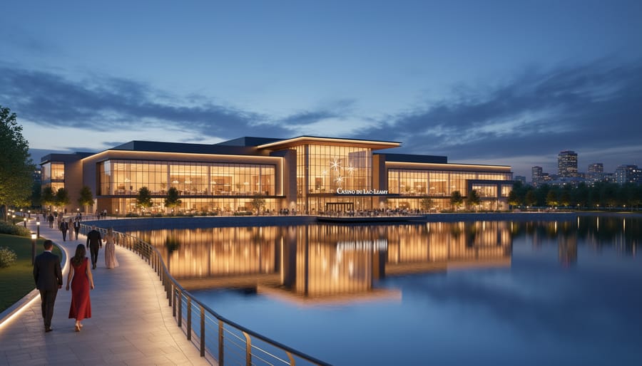 Exterior view of Casino du Lac-Leamy building illuminated at dusk