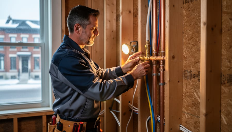 Licensed plumber inspecting copper and PEX pipes in an open stud wall during an Ottawa home renovation, with exposed framing and a snowy residential street visible through the window.