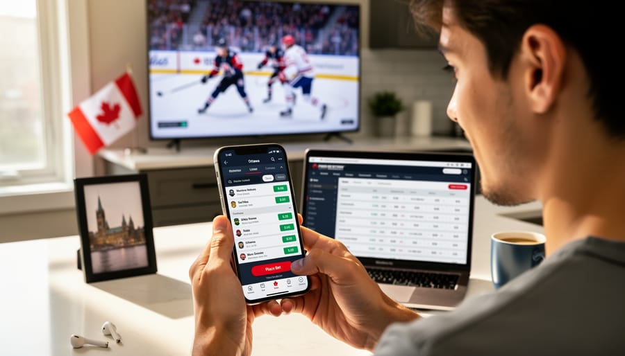 Person holding smartphone with sports betting application displayed on screen