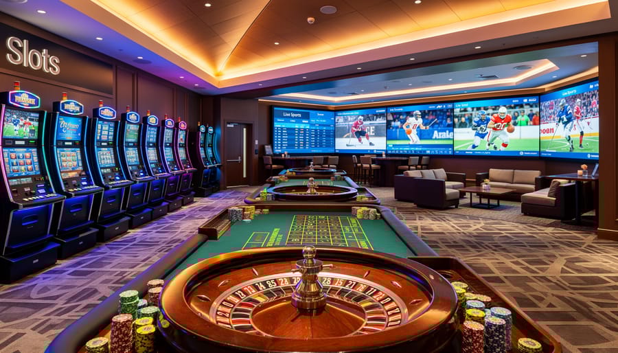 Wide view of a modern casino floor showing roulette and blackjack tables in the foreground, rows of slot machines, and a sportsbook lounge with large screens in the background under warm evening lighting.
