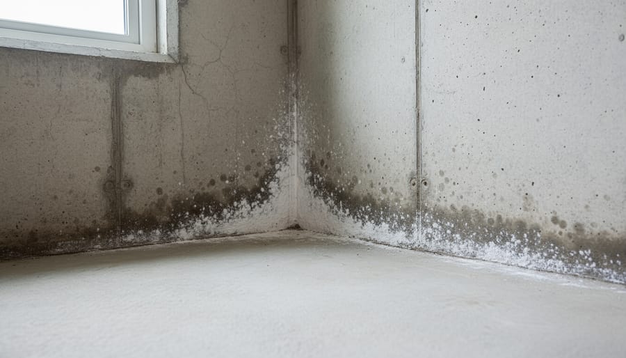 Basement concrete wall showing damp staining and white efflorescence near a corner