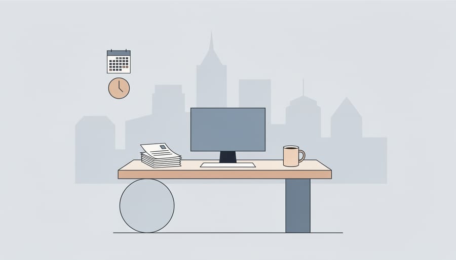 Editorial newsroom desk with laptop, blank notebooks, and a mug