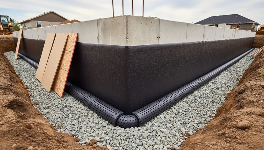 Excavated trench beside a home foundation with waterproofing membrane and drain pipe