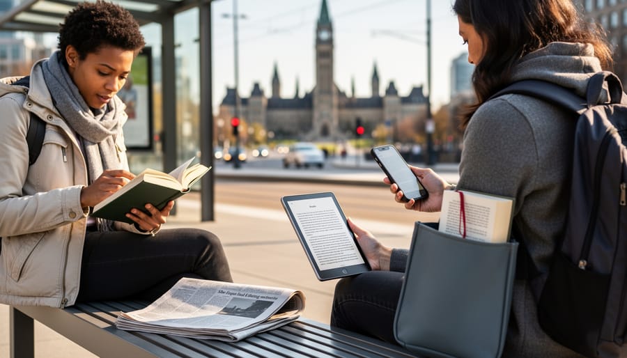 Hand holding a smartphone beside a folded newspaper on a café table