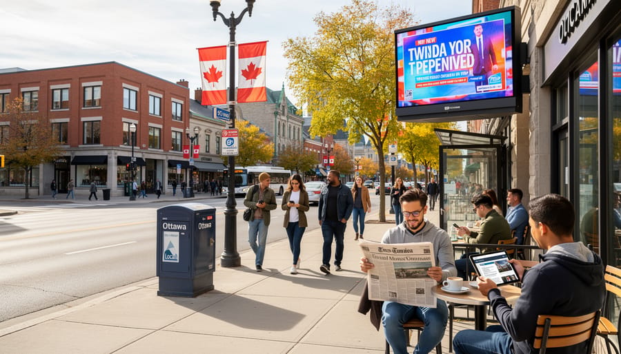 Newsstand and commuters on a busy Ottawa street at dusk