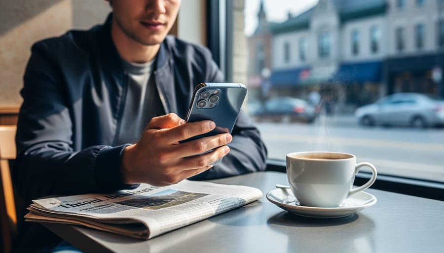 “A person holds a smartphone next to a folded newspaper on a café table, illustrating how to access local Ottawa news on both paper and mobile.”