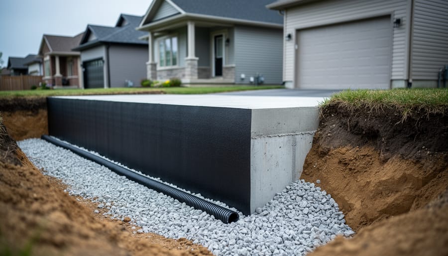 Exterior foundation wall being waterproofed with a protective membrane and weeping-tile drain at the base beside a residential home.