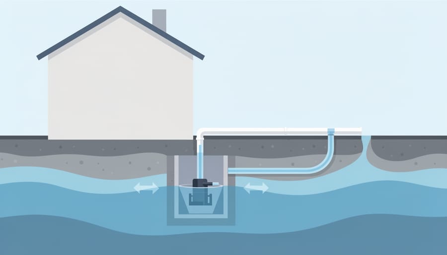 Sump pump installed in a concrete pit with discharge pipe in a basement