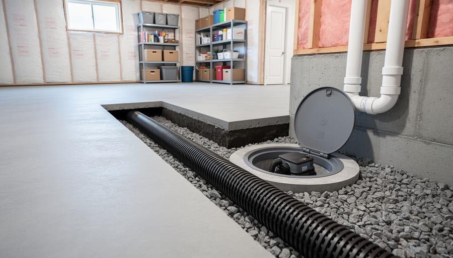 Basement perimeter drainage pipe in a gravel trench connected to a sump pump and discharge piping along the foundation wall.