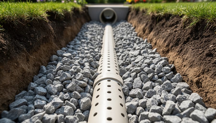 Gloved hands pouring clean gravel around a perforated drainage pipe in a basement perimeter trench