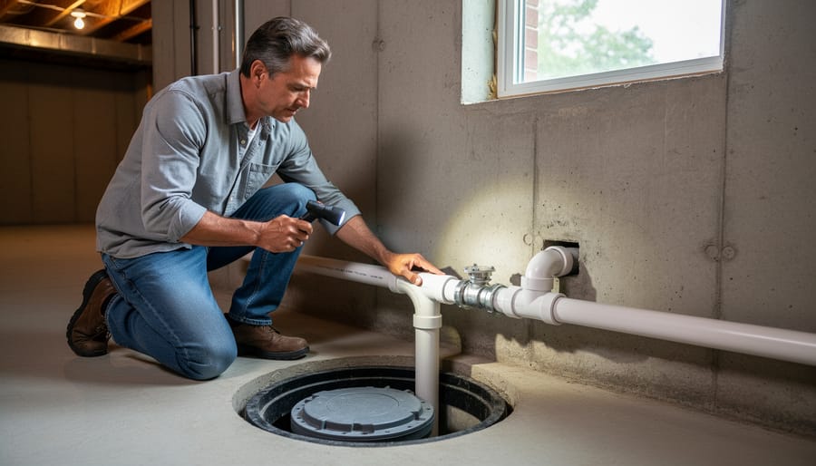 Homeowner inspecting a basement sump pit area with a flashlight on dry concrete floor