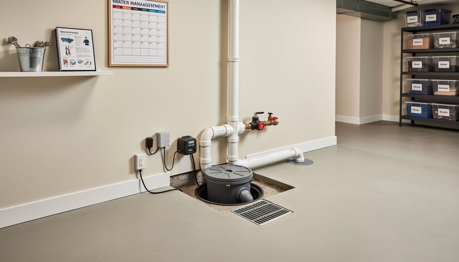 Clean basement utility area showing plumbing connections and sump pump components in a tidy layout