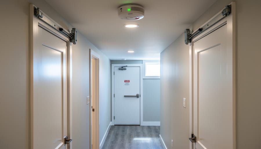 Close-up of smoke detector and carbon monoxide alarm installed on a basement ceiling near a doorway.
