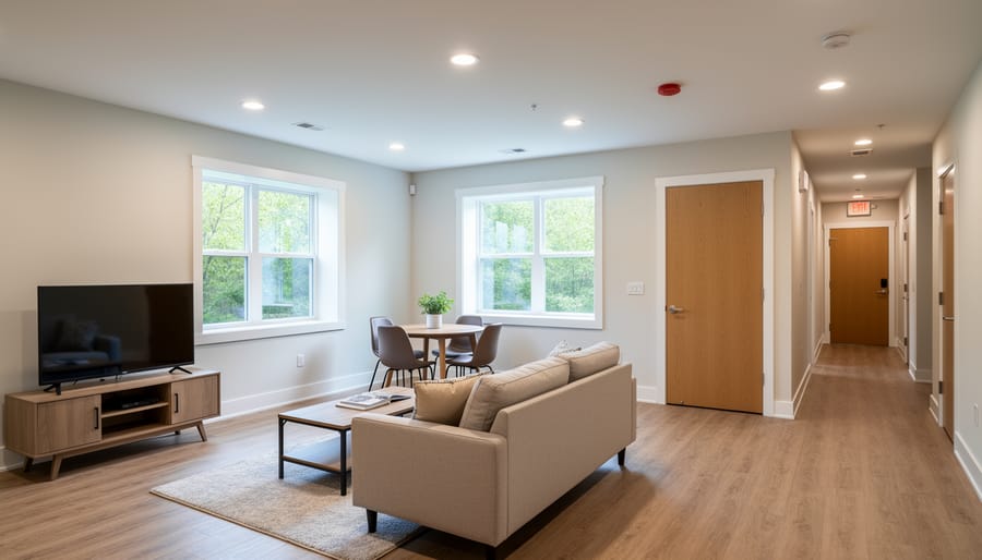 Bright basement income suite interior showing a separate entrance door and an egress window.