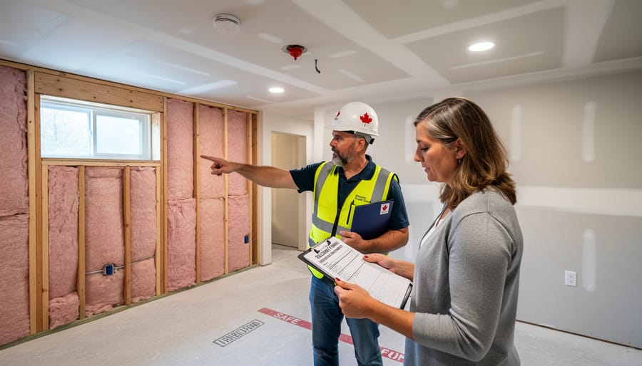 Homeowner and inspector reviewing basement renovation details near a stairwell.