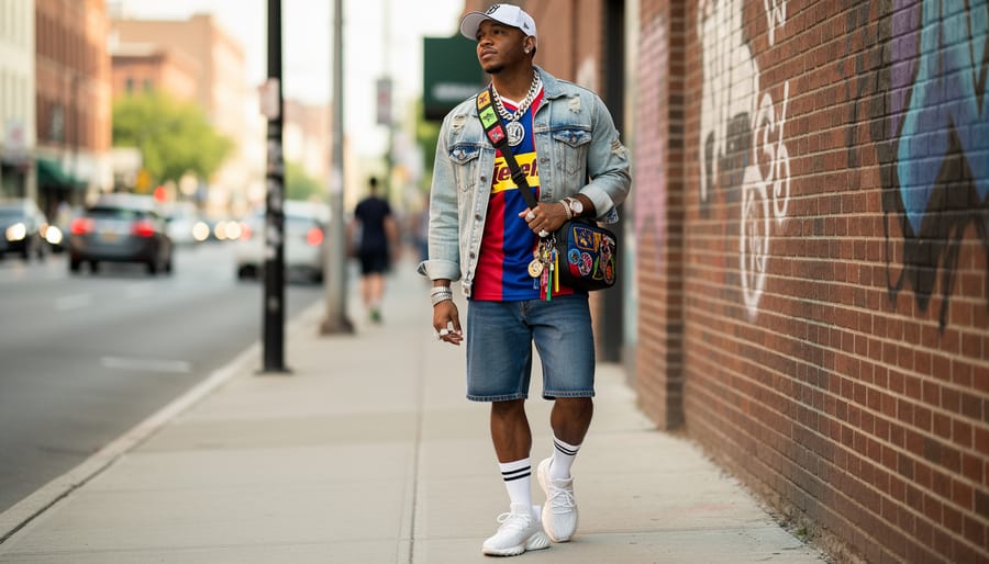 Street-style model wearing a bright football jersey with denim and a bold shoulder bag outdoors.