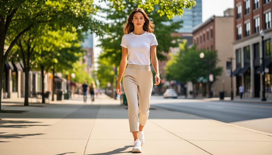 Model walking in mid-calf capri pants during a sunny summer day.