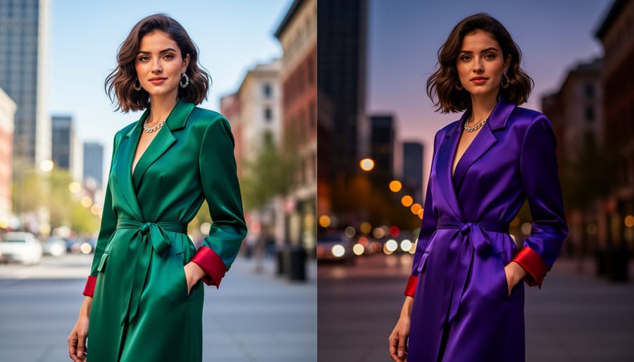 Model wearing a saturated emerald dress holding a bouquet of jewel-tone flowers at a summer market.