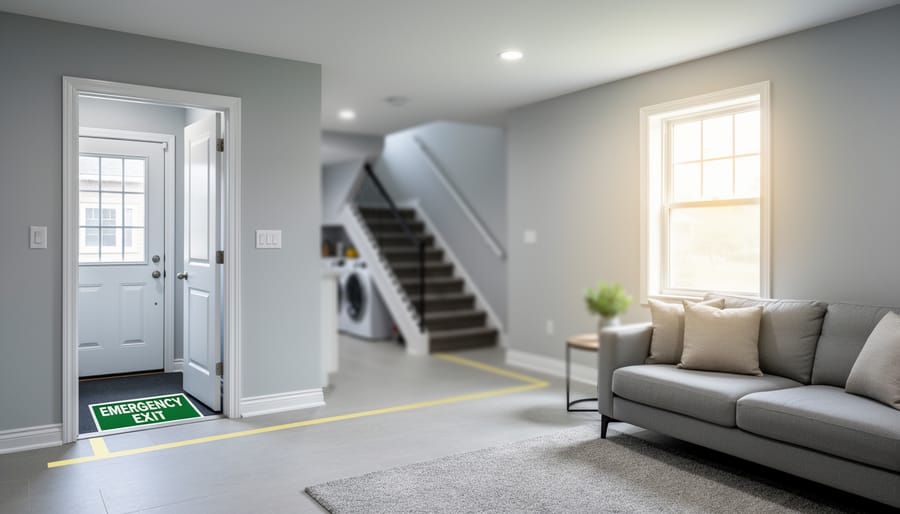 Bright basement income suite interior showing an unobstructed emergency exit path, a door leading to a separate entrance area, and an egress window letting in natural light.
