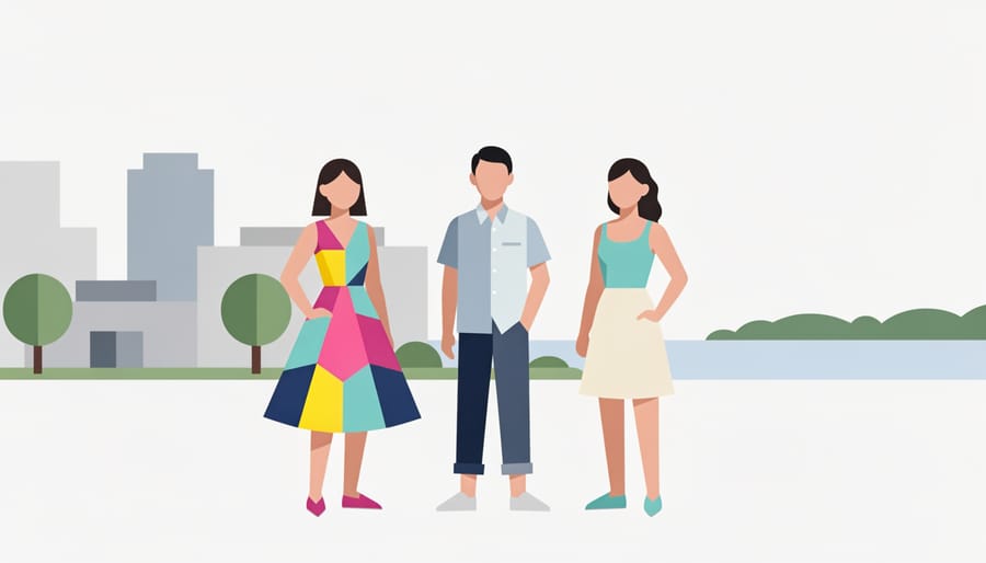Wide street scene with three people wearing bold summer fashion trends near a festival atmosphere.