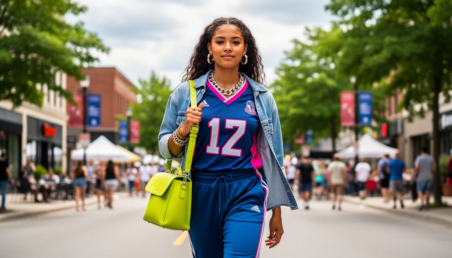 Person wearing a colorful jersey-inspired summer outfit with track pants, denim layer, chunky jewelry, and a bright shoulder bag walking on a sunny Ottawa street.
