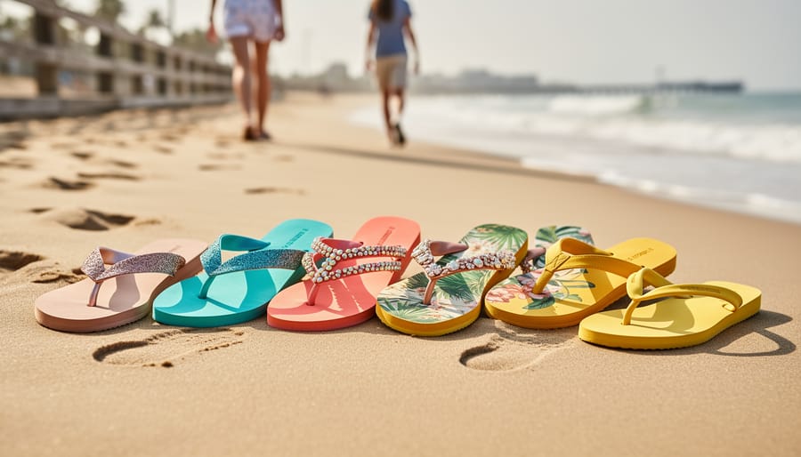 Close-up of embellished, colorful statement flip-flops on a sunny patio step.
