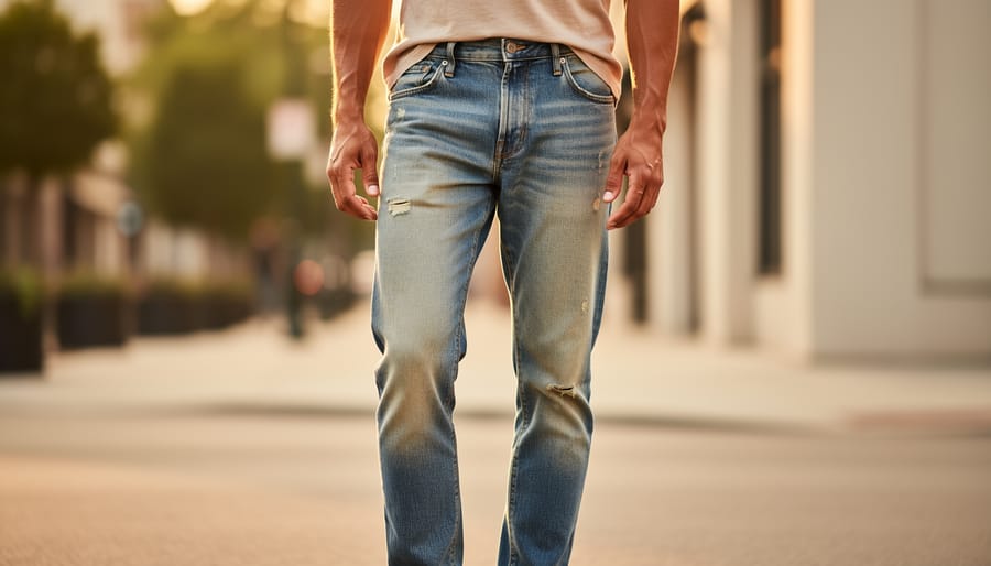 Close-up of sun-faded denim garments laid on a picnic blanket in golden hour light.