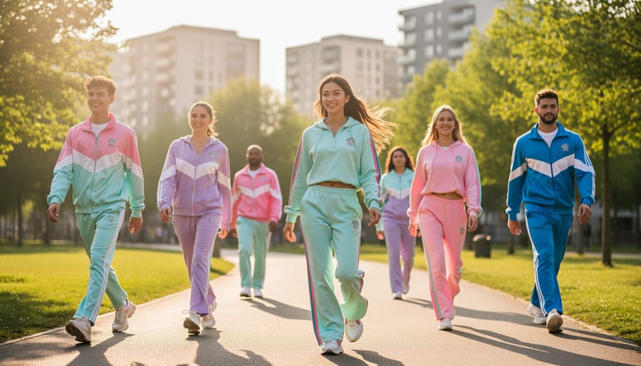 Model in colorful Y2K-inspired athleisure outfit sitting outdoors in a park.