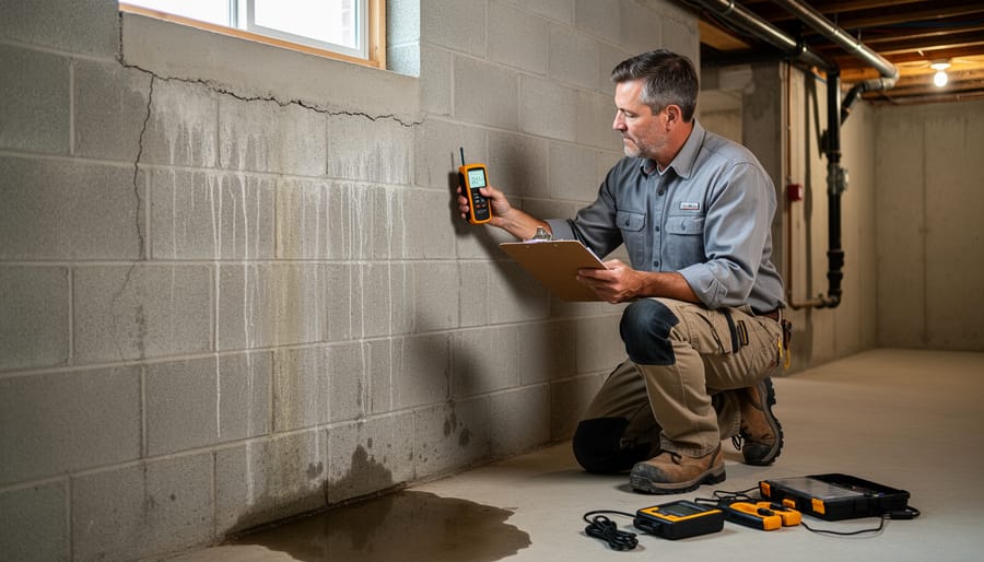 Basement waterproofing specialist inspecting a concrete wall with a flashlight in a residential basement