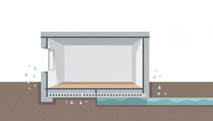 Dry residential basement floor showing a sump pump and discharge line with clean, moisture-free surroundings