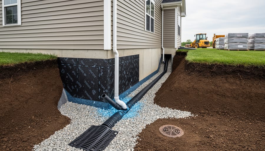 Exterior foundation trench with drainage pipe and gravel prepared for basement waterproofing work