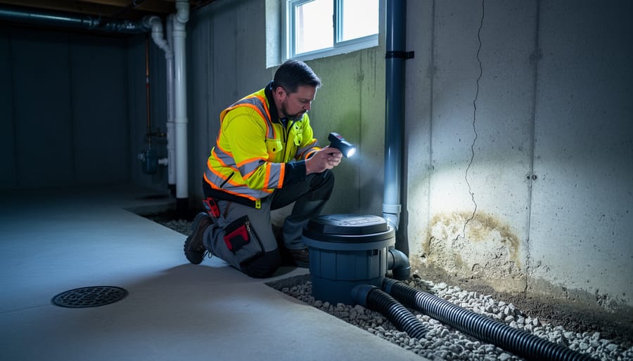 A basement waterproofing contractor inspecting a foundation wall near sump pump and drainage piping in a dim concrete basement.